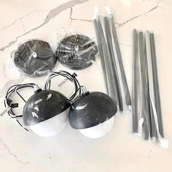 Set of 2 CB2 Polaris Black Marquina Marble Globe Pendant Lights - Picture 4 of 16